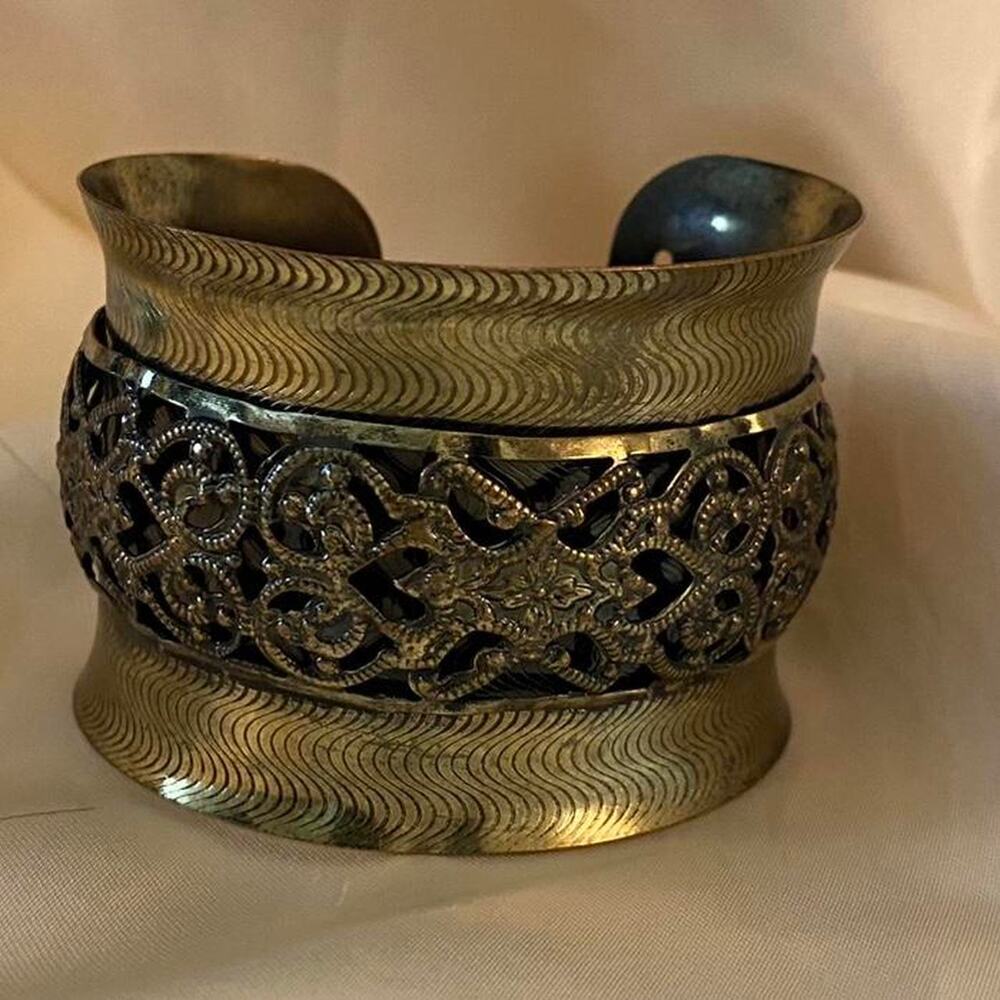 Vintage brass wide cuff bangle bracelet with intricate detailed 3D engravings